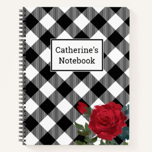 Customisable Black & White Buffalo Plaid Red Rose Notebook