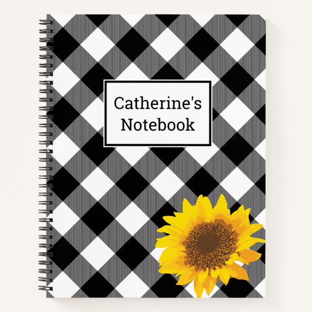 Customisable Black & White Buffalo Plaid Sunflower Notebook (Front)
