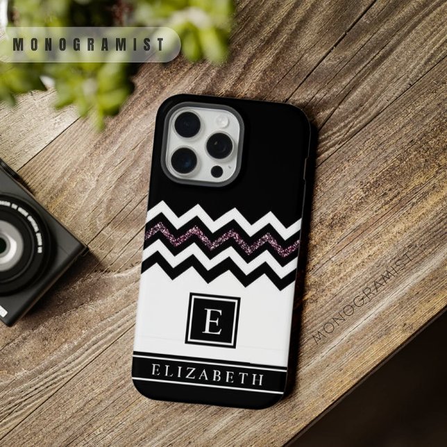 Customisable Black White Purple Glitter Chevron  iPhone Case (Customizable Black White Purple Glitter Chevron iPhone Case)