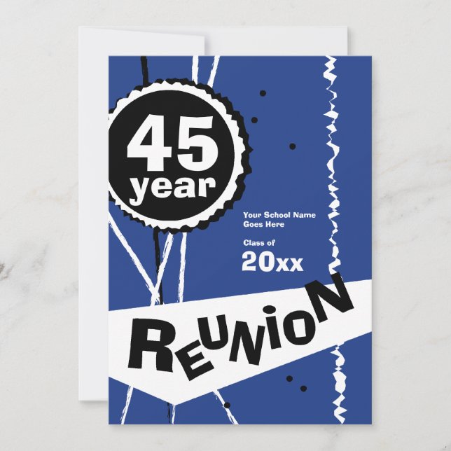 Customisable Blue 45 Year Class Reunion Invitation (Front)