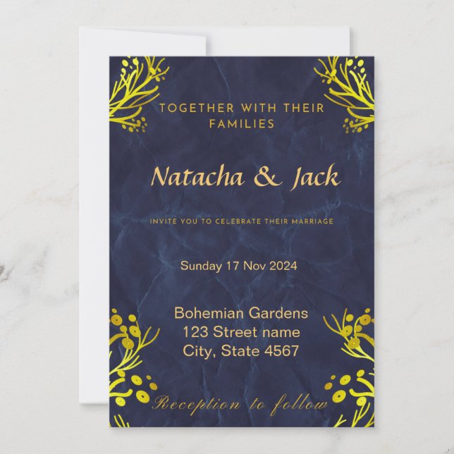 Customisable Blue and Gold Wedding Invitation (Front)