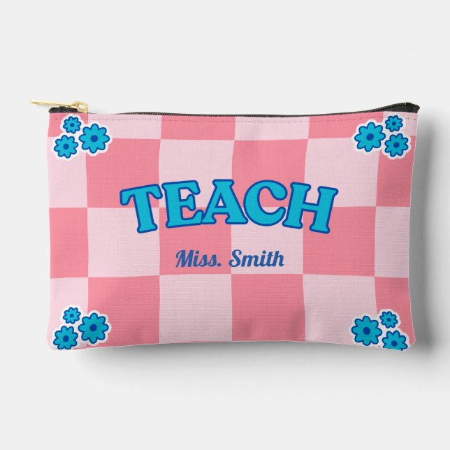 Customisable Blue and Pink Chequered Teach Pouch (Front)
