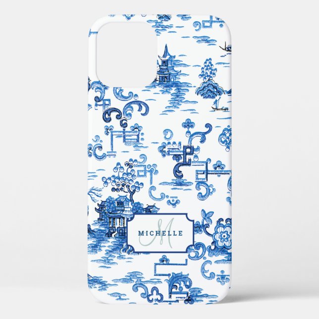 Customisable Blue and White Pagoda Chinoiserie Case-Mate iPhone Case (Back)