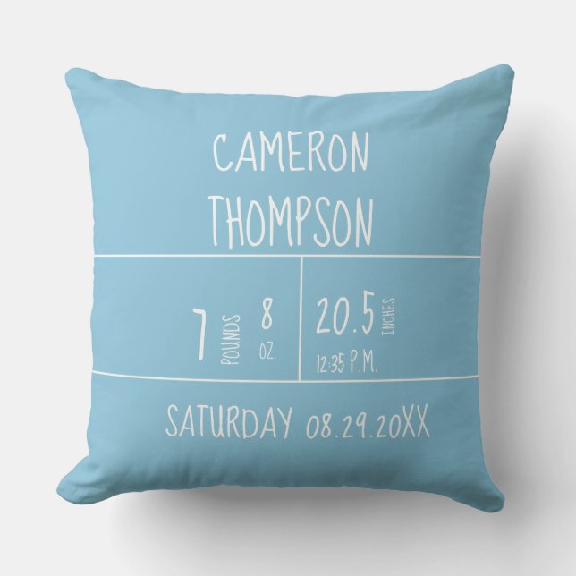 Customisable Blue Birth Stats Baby Nursery Pillow (Front)
