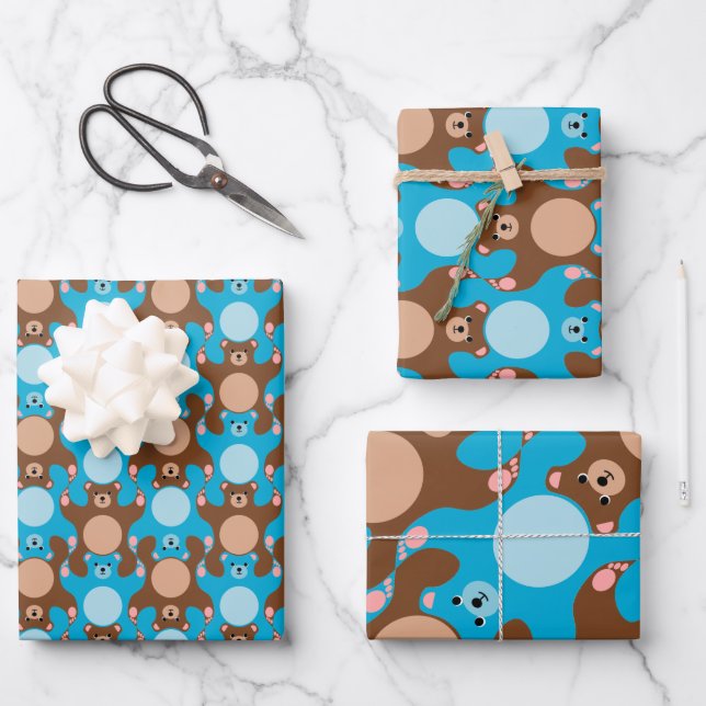 Customisable Blue Brown Teddy Bear Tesselation WP3 Wrapping Paper Sheet (Front)