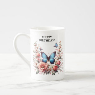 Customisable Blue Butterfly Floral Art-96279 Bone China Mug