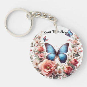 Customisable Blue Butterfly Floral Art-96279 Key Ring