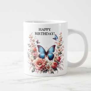 Customisable Blue Butterfly Floral Art-96279 Large Coffee Mug