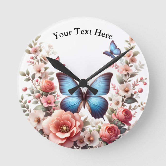 Customisable Blue Butterfly Floral Art-96279 Round Clock (Front)