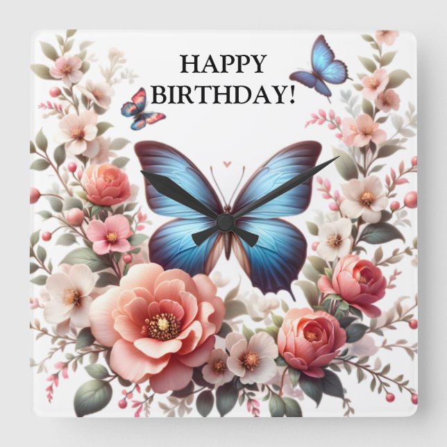 Customisable Blue Butterfly Floral Art-96279 Square Wall Clock (Front)