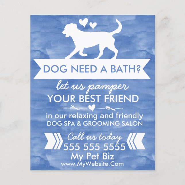 Customisable Blue Dog Grooming Flyer Watercolor (Front)