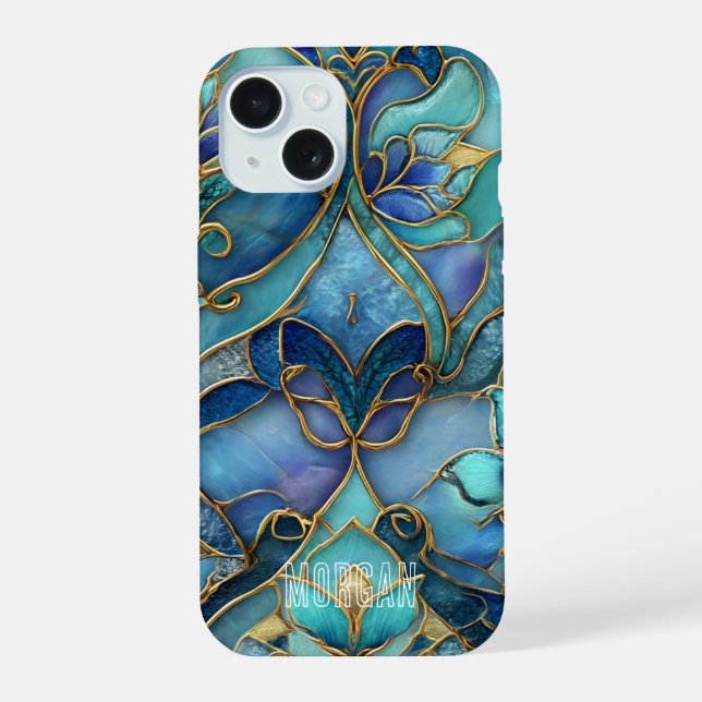 Customisable Blue & Green Stained Glass Pattern iPhone 15 Case (Back)