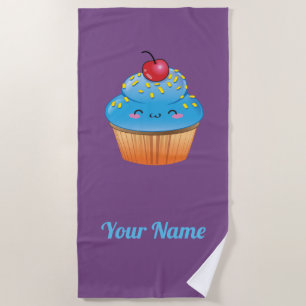 Customisable Blue Kawaii Cupcake Beach Towel