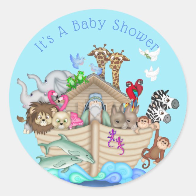 Customisable Blue Noah's Ark Baby Shower Sticker (Front)