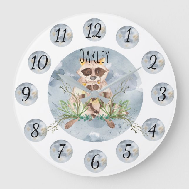 Customisable Blue Racoon Nursery Clock Large (Front)