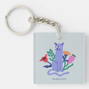 Customisable Blue Russian Cat & Matisse Flowers Key Ring
