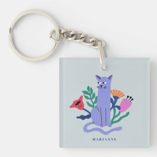 Customisable Blue Russian Cat & Matisse Flowers Key Ring