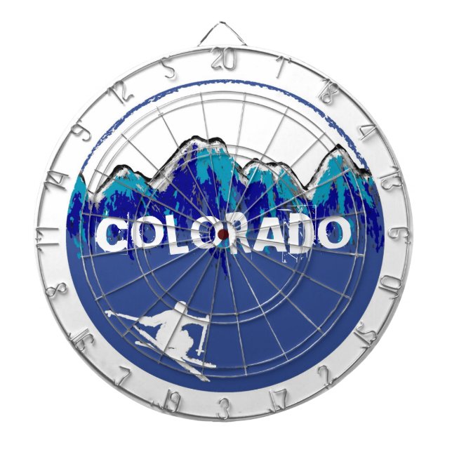 Customisable blue skier Colorado theme dart board (Front)