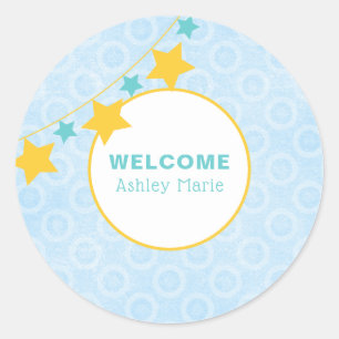 Customisable Blue Star Welcome Baby Classic Round Sticker