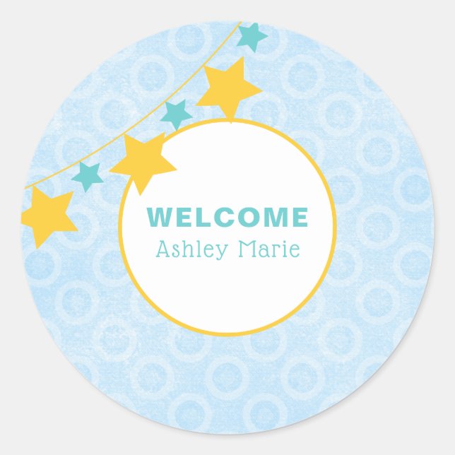 Customisable Blue Star Welcome Baby Classic Round Sticker (Front)