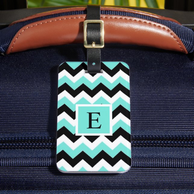 Customisable Blue White Black Chevron Pattern Luggage Tag (Front Insitu 2)