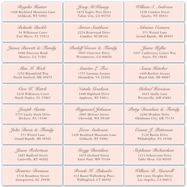 Customisable blush wedding guest address sticker (Front)