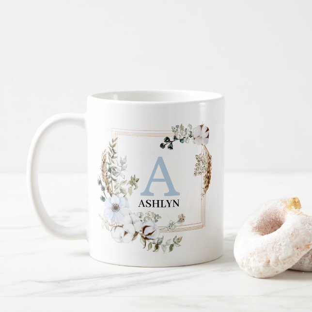 Customisable Boho Winter Floral Monogrammed Mug (With Donut)