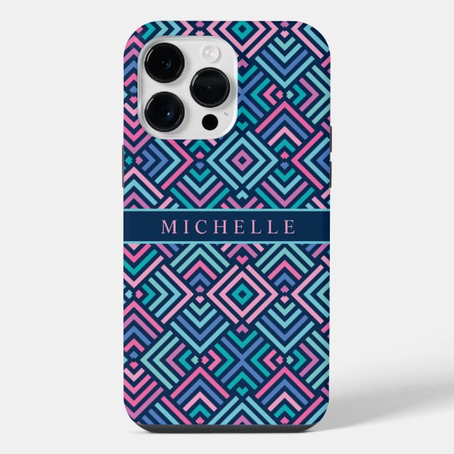 Customisable Bright Light Dark Blue Pink Geometric iPhone Case (Back)
