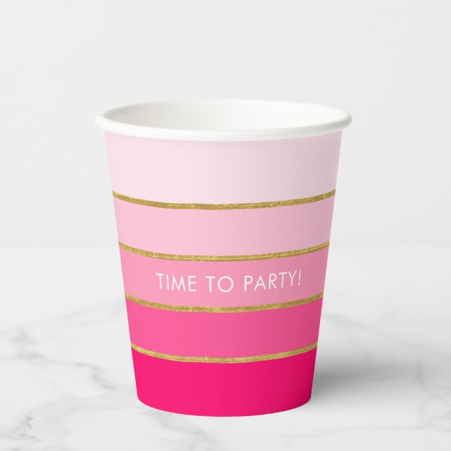 Customisable Bright Pink & Gold Stripe Party Paper Cups (Front)