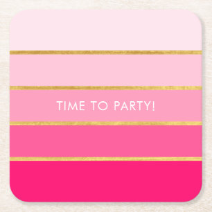 Customisable Bright Pink & Gold Stripe Square Paper Coaster