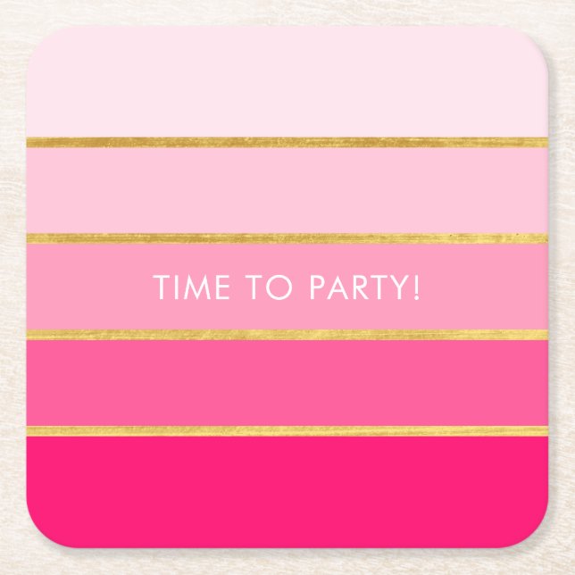 Customisable Bright Pink & Gold Stripe Square Paper Coaster (Front)