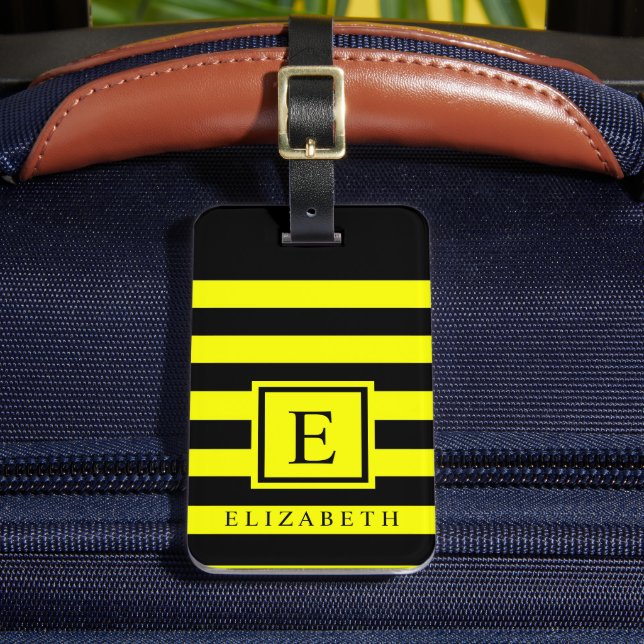 Customisable Bright Yellow Black Colour Block Luggage Tag (Front Insitu 2)