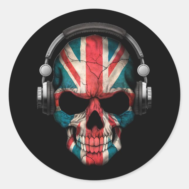 Customisable British Dj Skull with Headphones Classic Round Sticker (Front)