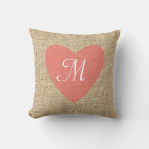 Customisable burlap pink heart monogram pillow