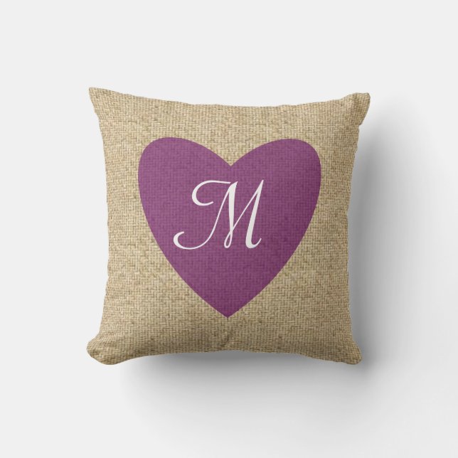Customisable burlap purple heart monogram pillow (Front)