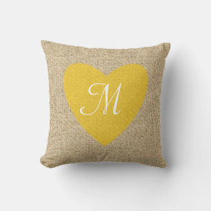 Customisable burlap yellow heart monogram pillow