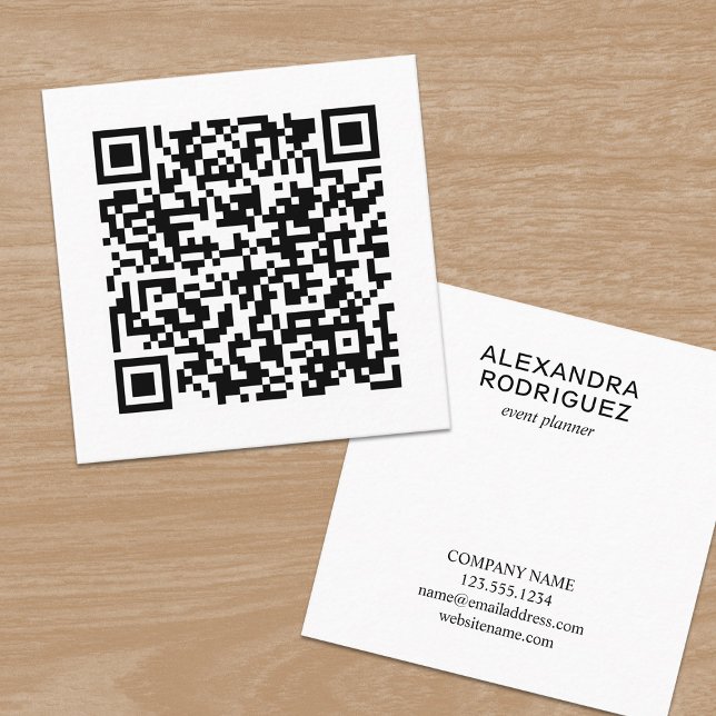 Customisable Business QR Code Long Name Minimal Square Business Card (QR Code Business Card, front and back, in situ)