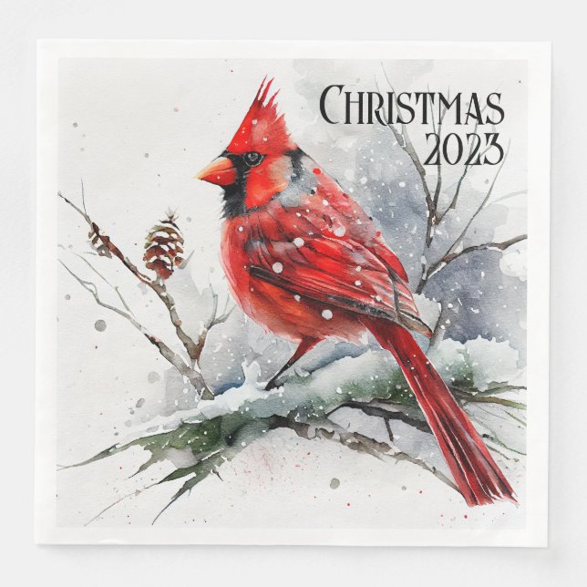 Customisable Cardinal in Snowy Winter Scene Napkin (Front)