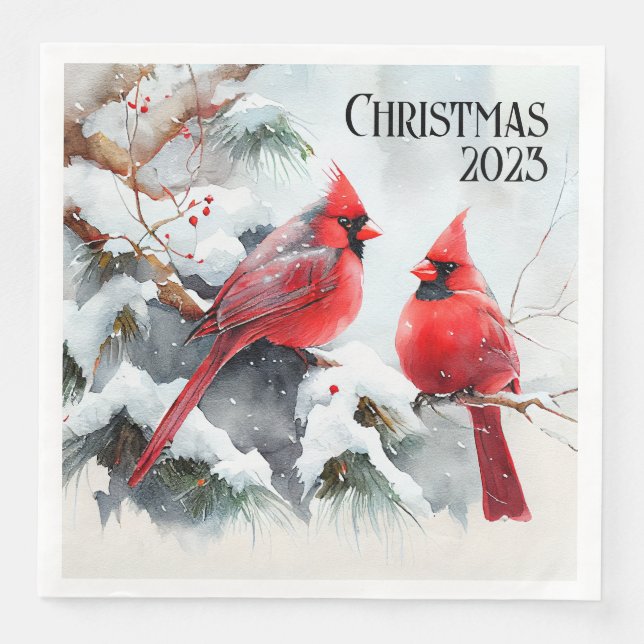 Customisable Cardinals in Snowy Winter Scene Napkin (Front)