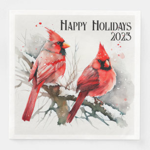 Customisable Cardinals on Evergreen Tree Christmas Napkin