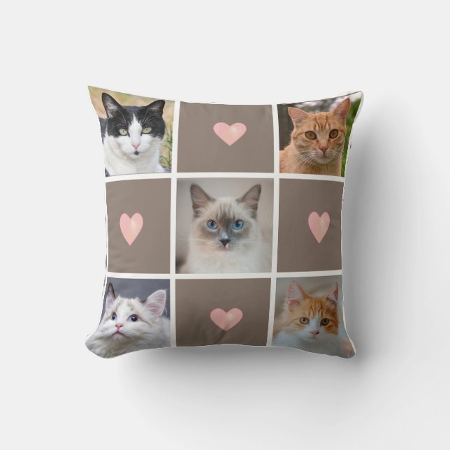 Customisable Cat & Dog Photos & Hearts on Beige Cushion (Front)