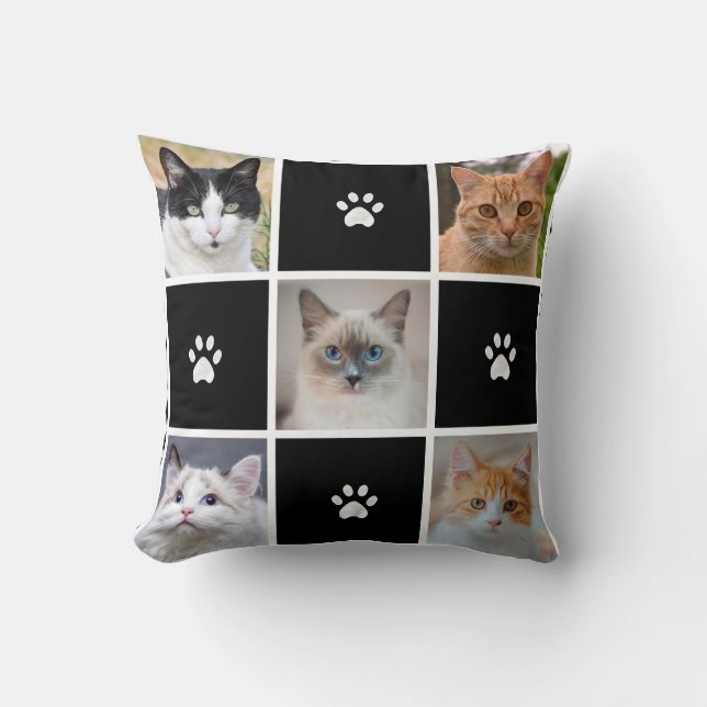 Customisable Cat & Dog Photos & Hearts on Black Cushion (Front)