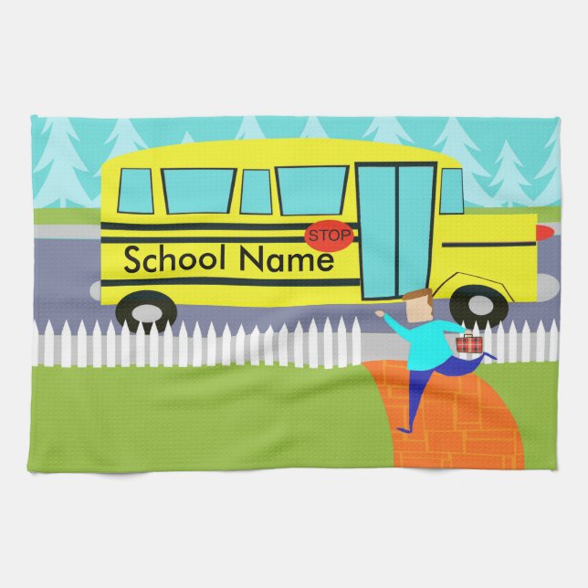 Customisable Catching the School Bus Kitchen Towel (Horizontal)