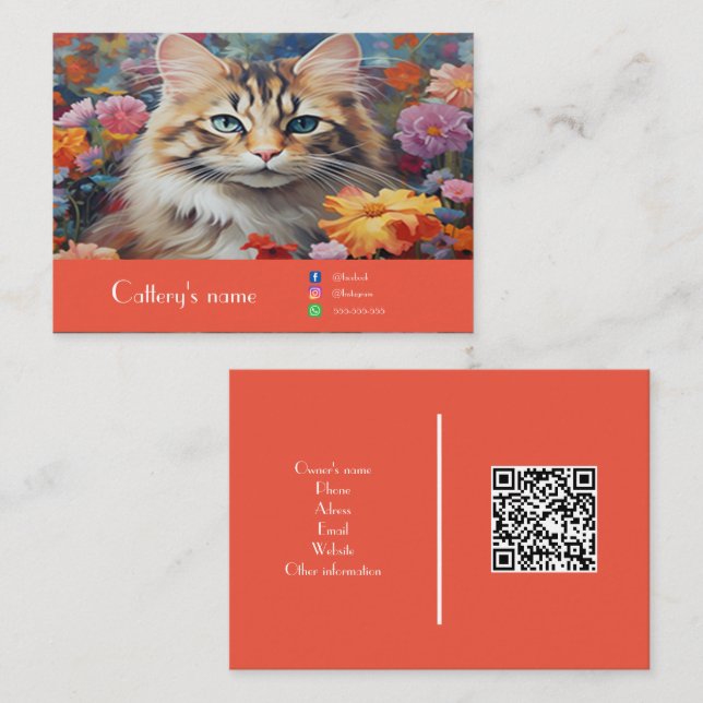 Customisable Cattery Business Card Floral Orange (Front/Back)