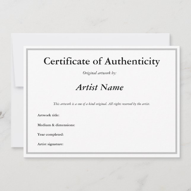 Customisable Certificate of Authenticity for Art A Invitation (Front)