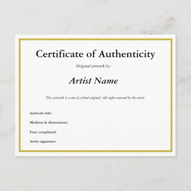 Customisable Certificate of Authenticity for Art Postcard (Front)