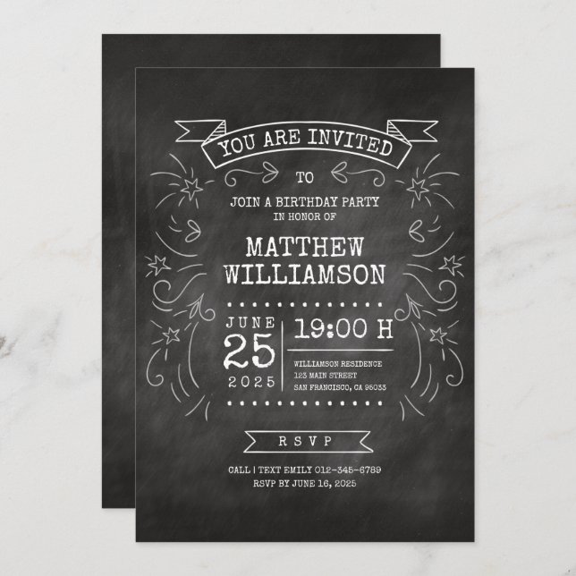 Customisable Chalkboard Birthday Invitation (Front/Back)