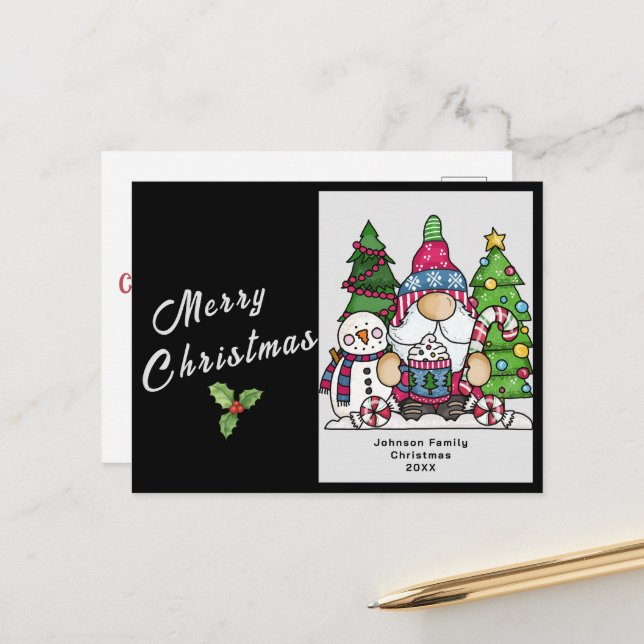 Customisable Christmas Card, Custom Snowman Gnome Holiday Postcard (Front/Back In Situ)