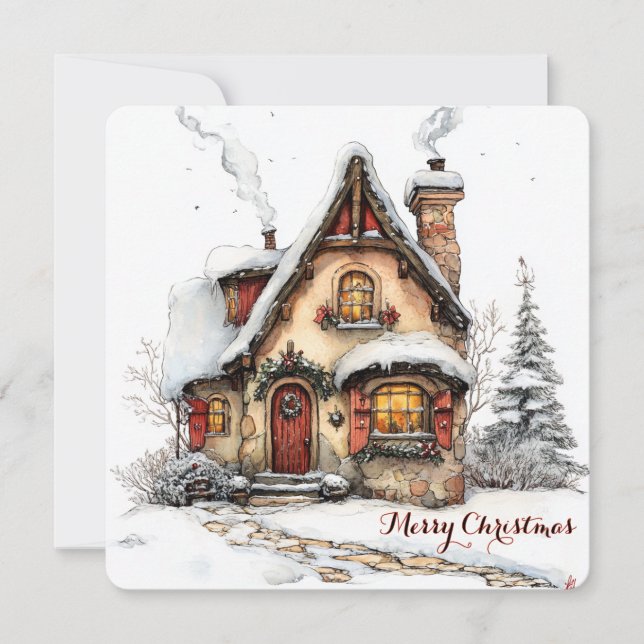 Customisable Christmas Card With Watercolor House (Front)