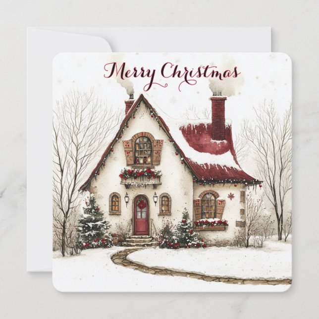 Customisable Christmas Card With Watercolor House (Front)